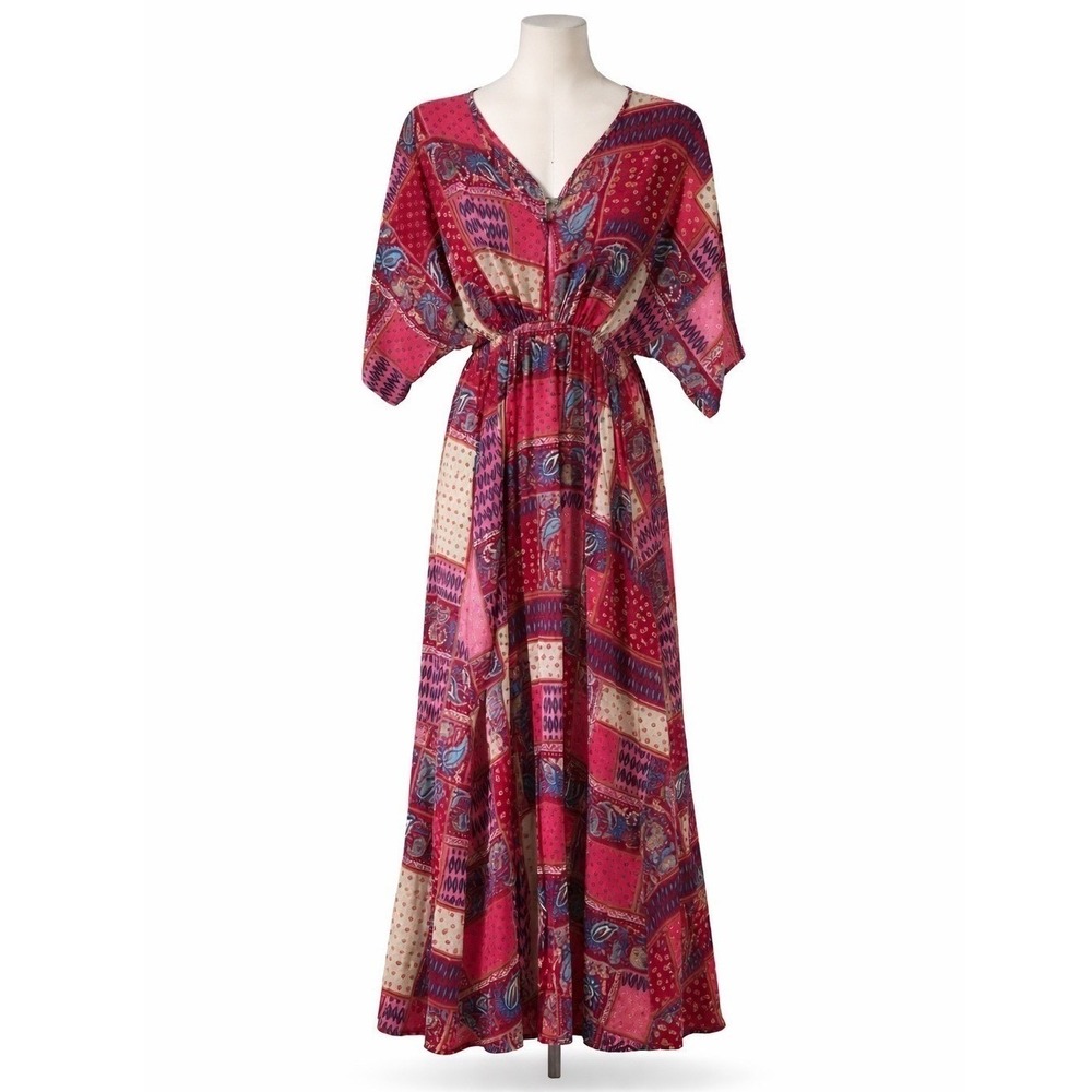 NWT Boho Patchwork Maxi Dress Paisley Peasant Sleeve Festival‎ Vacation Resort M